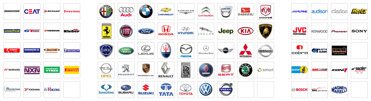 Bridgestone,Ceat,Dunlop,Firestone,GT,Radial,Goodyear,Hankook,Kleber,Kumho,Marangoni,Maxxis,Michelin,Nankang,Nexen,Nokian,Pirelli,
                Rockstone,Viking,Yokohama,Alfa Romeo,Audi,Bmw,Chevrolet,Chrysler,Citroen,Dacia,Daihatsu,Dodge,Ferrari,Fiat,Ford,Honda,Hyundai,Jaguar,
                Jeep,Kia,Lamborghini,Lancia,Land Rover,Lexus,Maserati,Mazda,Mercedes Benz,Mini,Mitsubishi,Nissan,Opel,Peugeot,Porsche,Renault,
                Rolls Royce,Saab,Seat,Skoda,Smart,Ssangyong,Subaru,Suzuki,Tata,Toyota,Volkswagen,Volvo,Clarion,Pioneer,Alpine,Audison,Hertz,JVC,
                Kenwood,Sony,Dimsport,Bilsteim,Simoni Racing,Koni,Gt auto alarm,Med,Cobra,Bosch,Margneti Marelli,BRC